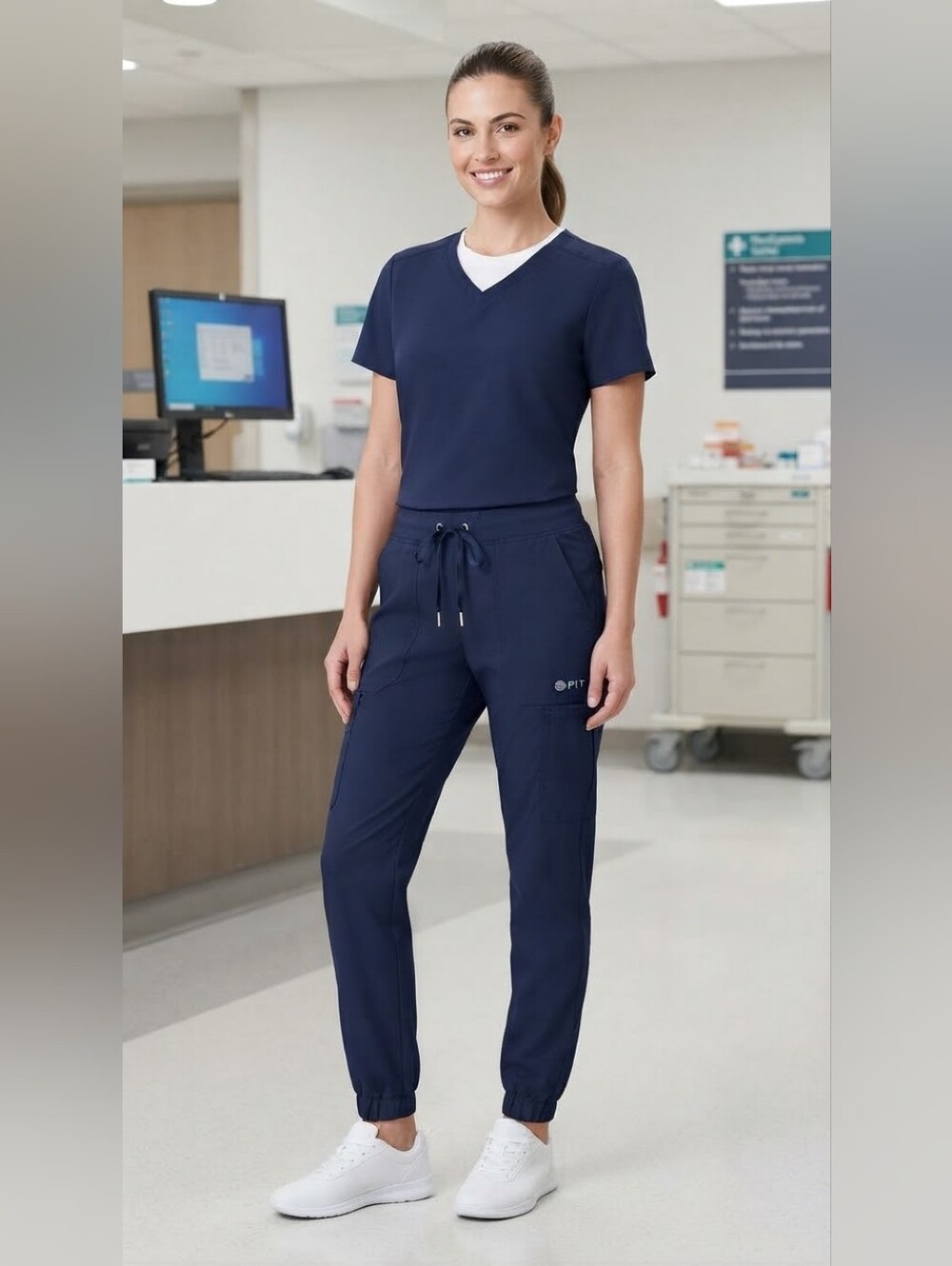 White Cross Fit Women's Scrubs Navy Athletic Joggers with Drawstring - Size